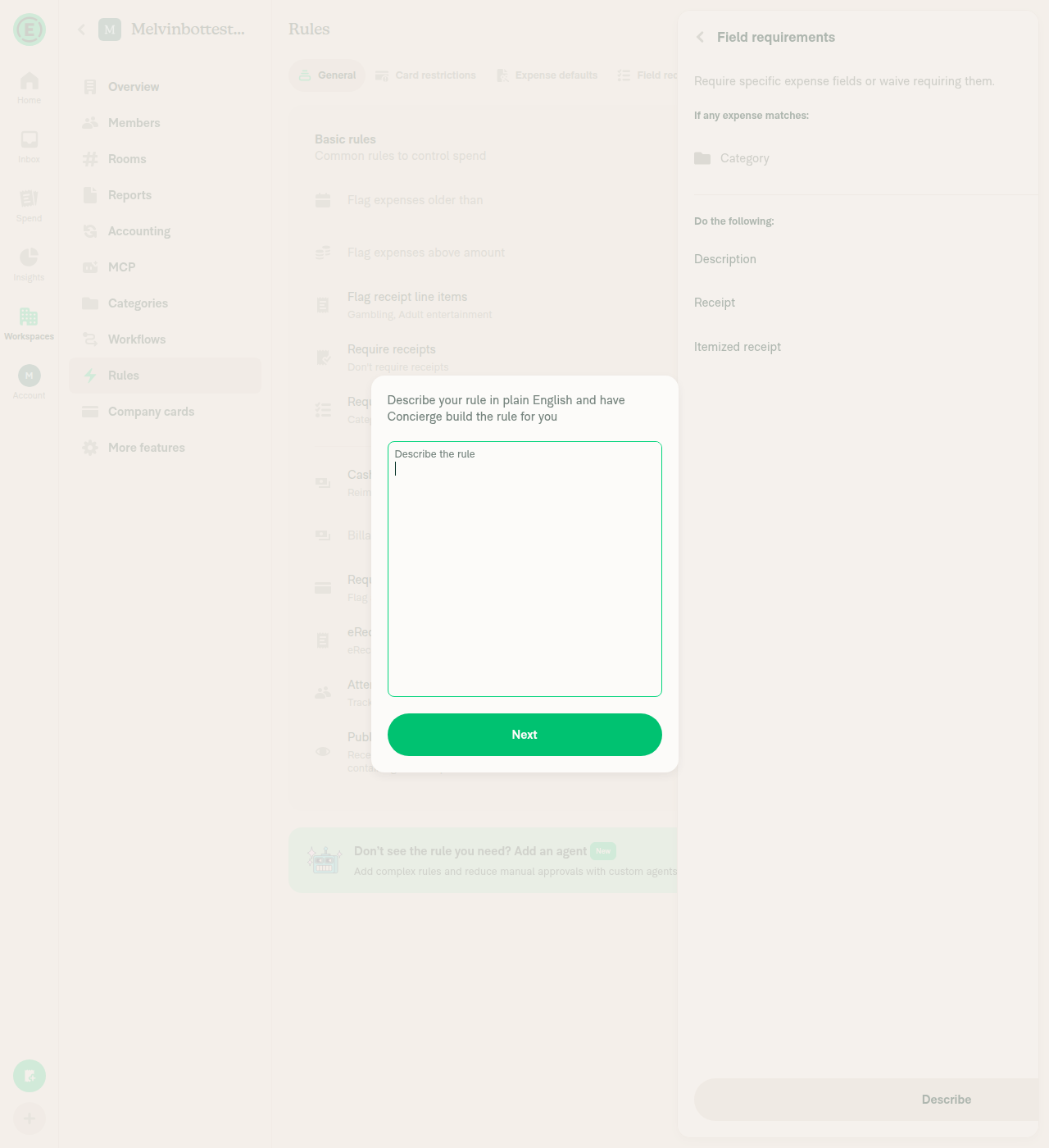 Require fields editor with Describe modal open