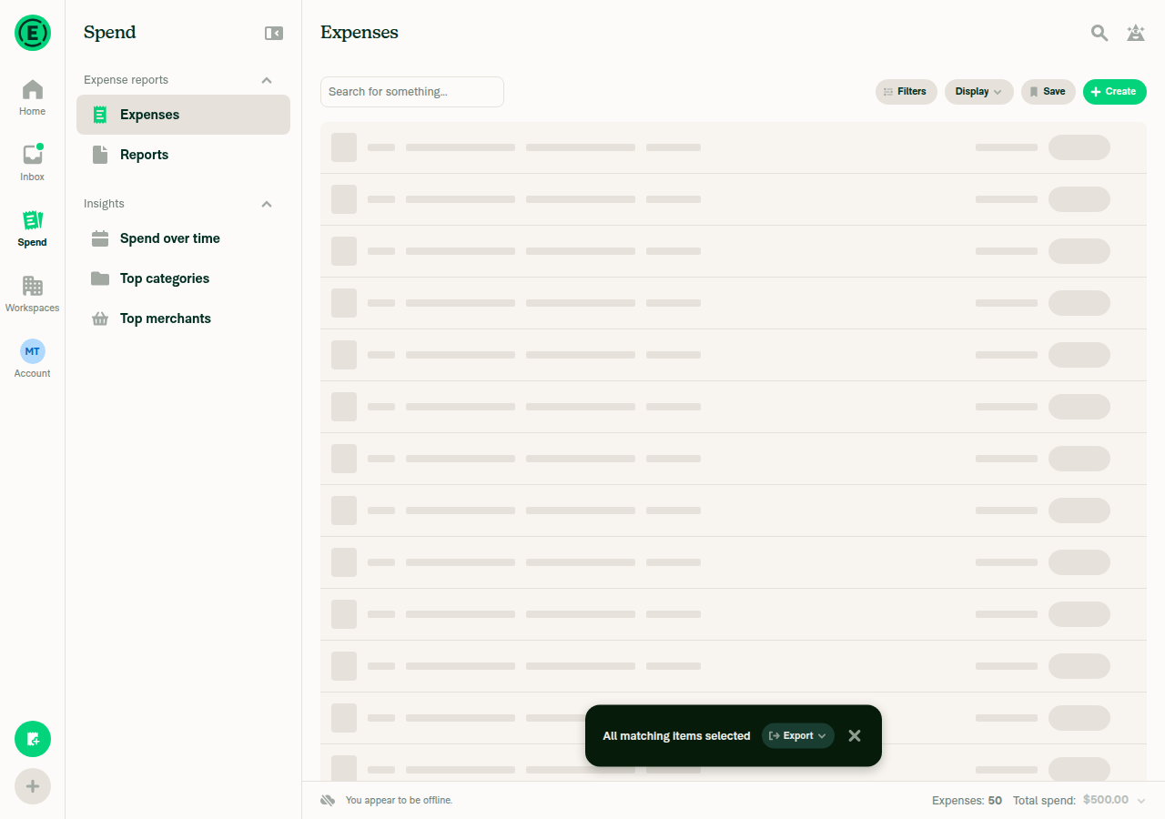 Footer for All matching items selected while offline