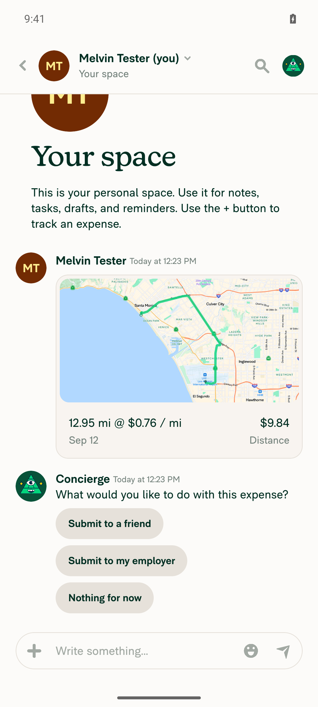 Self-DM chat showing the created tracked $9.84 / 12.95 miles distance expense