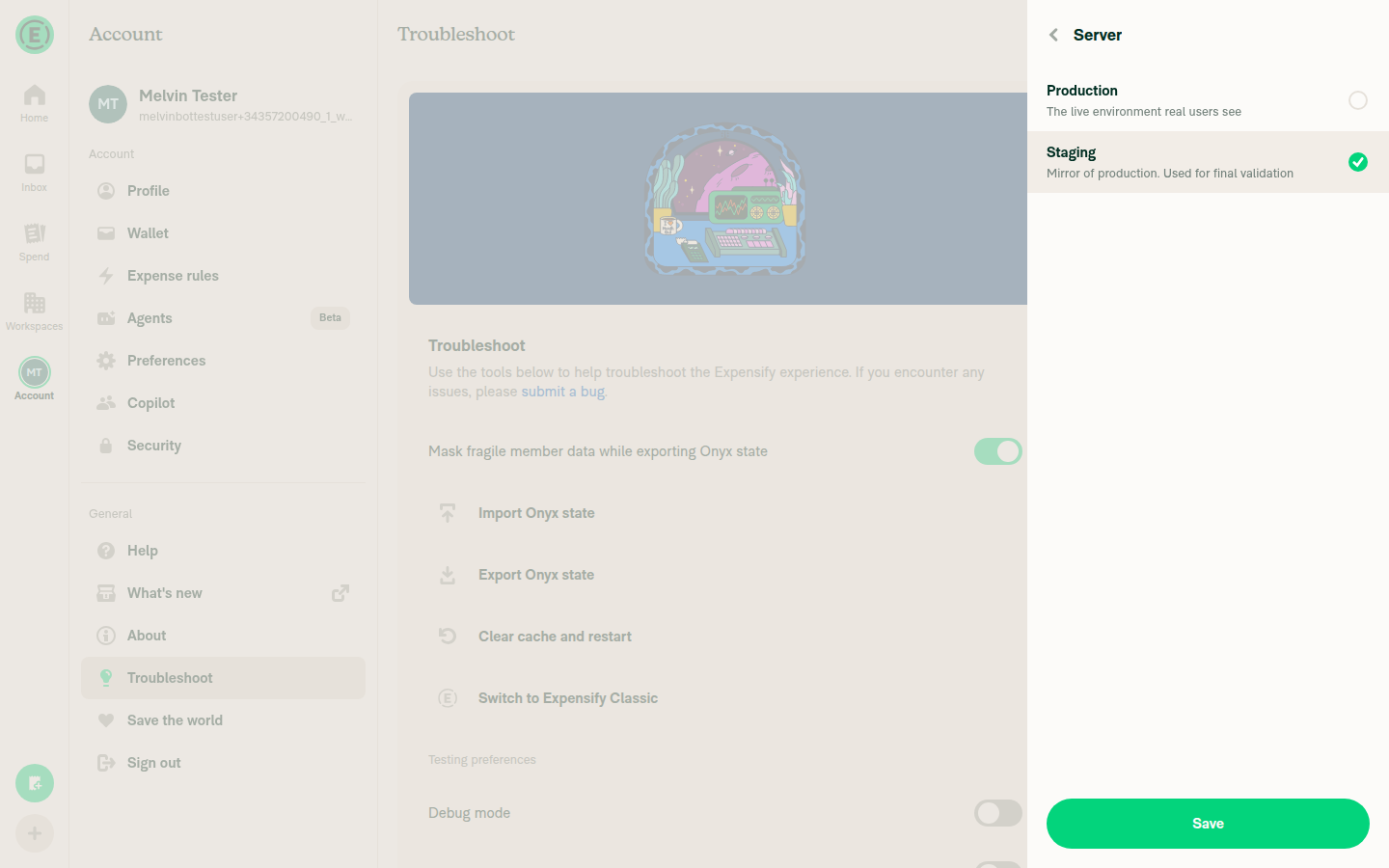 Server page with Staging selected and Save enabled