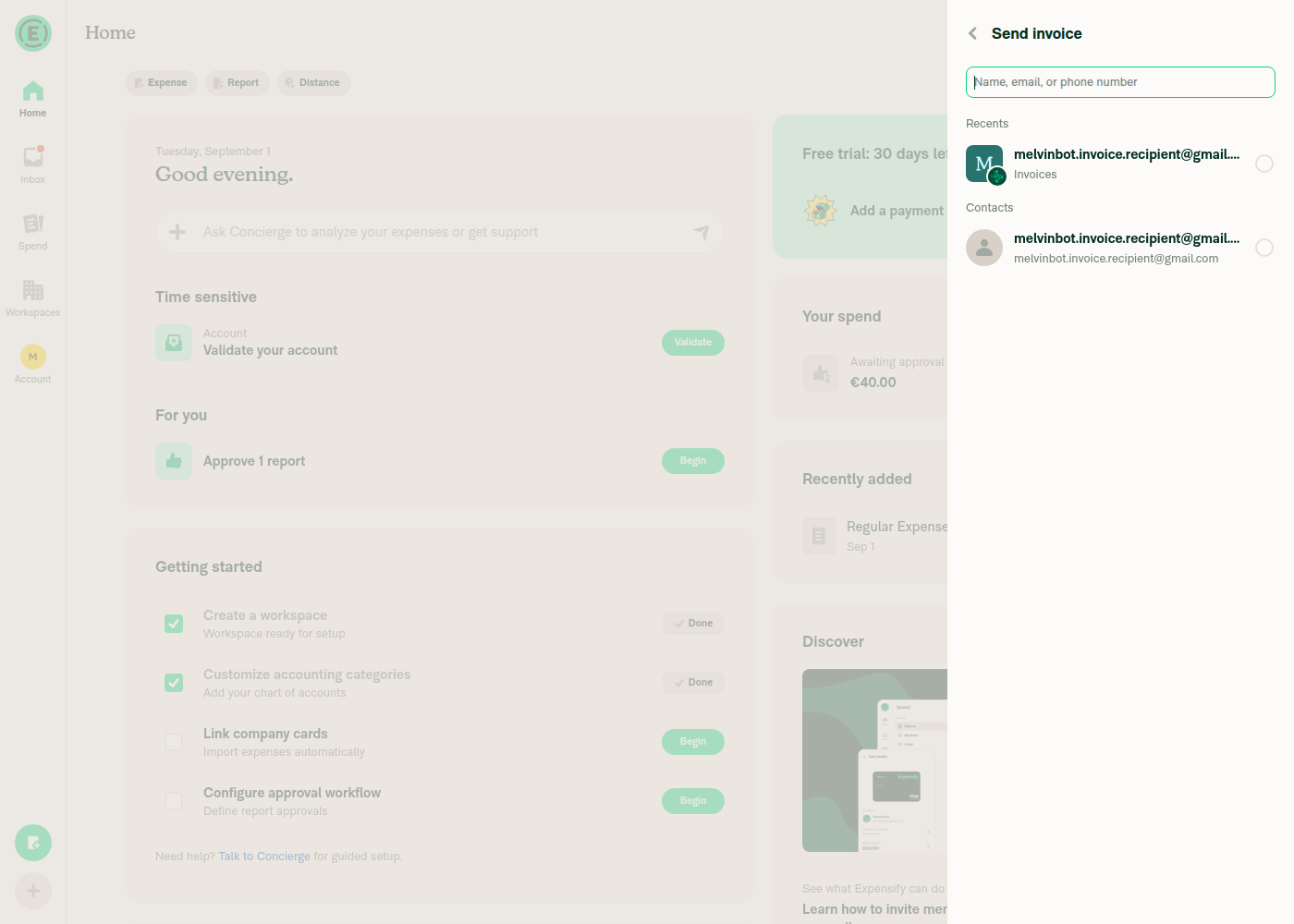 Stale Invoices entry in the Send invoice recents list