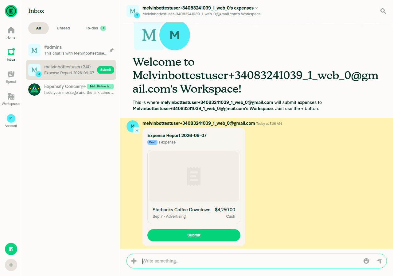 Expense report chat with the transaction preview card
