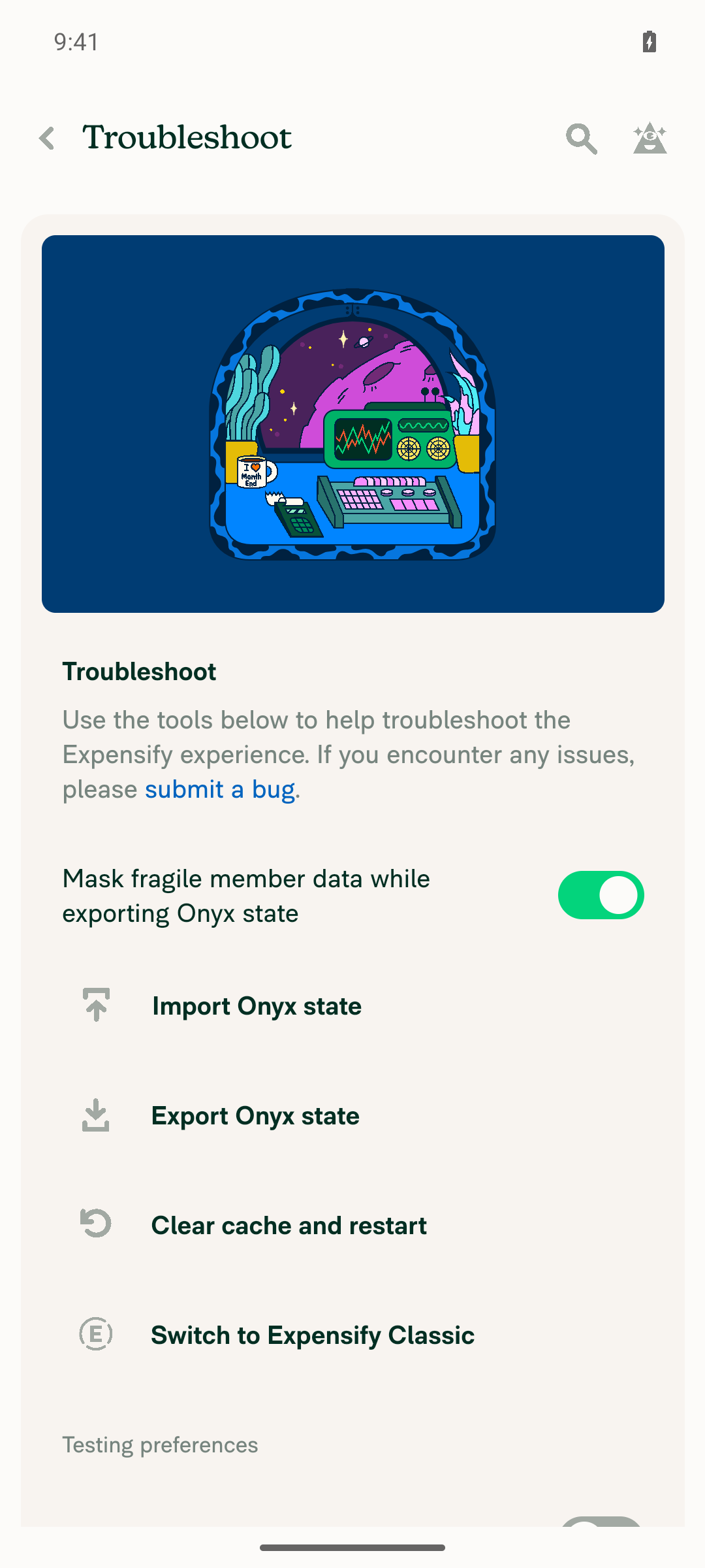 Troubleshoot menu with no beta toggle