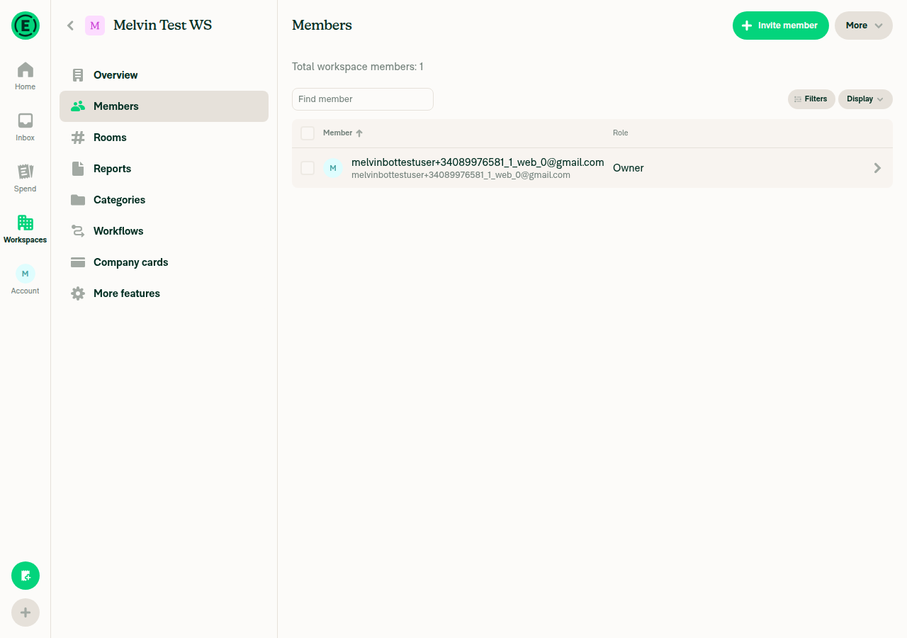 Workspace Members table: Member column fits the full name and email lines, Role column fits Owner