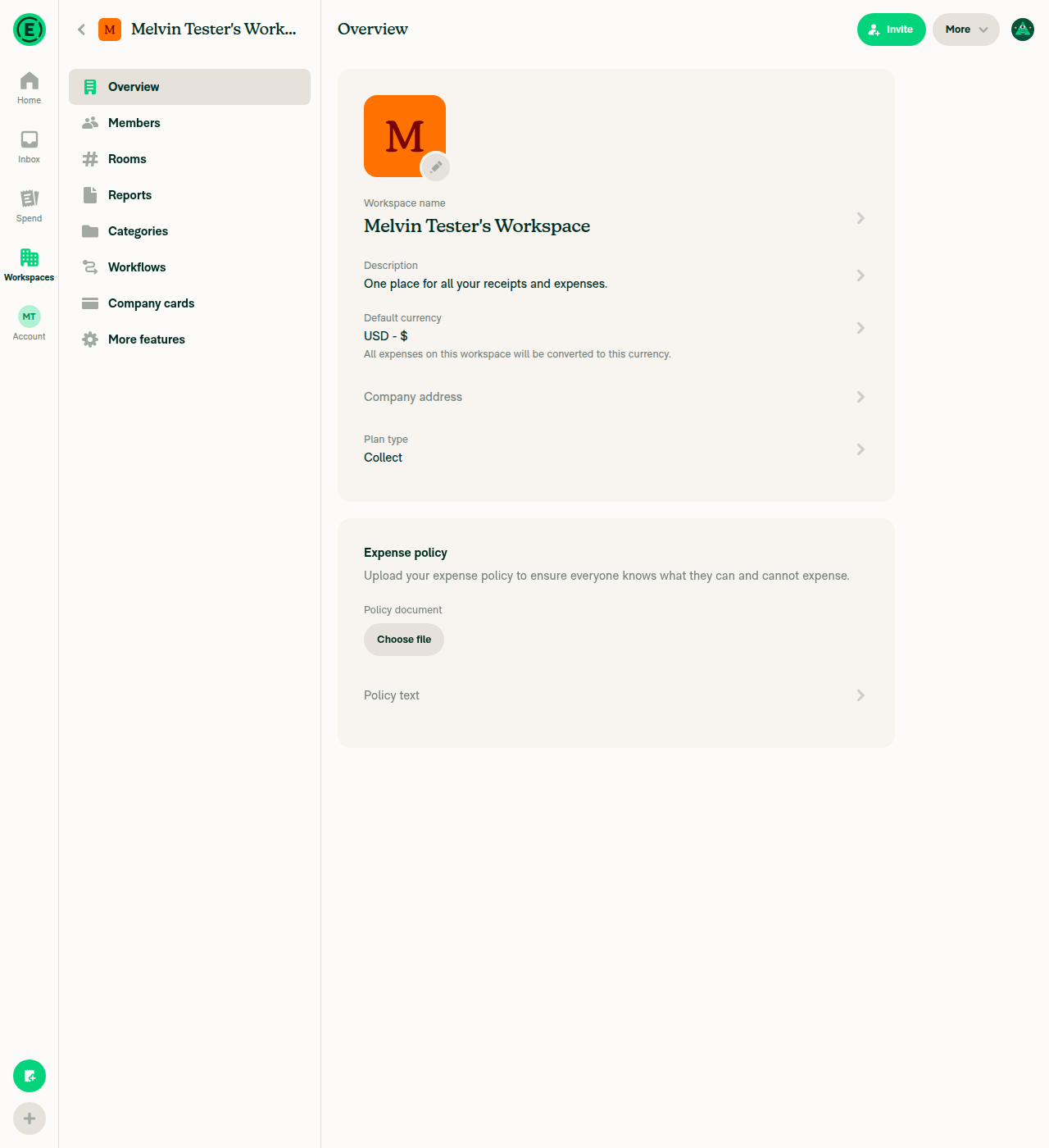Workspace Overview page showing Expense policy section header