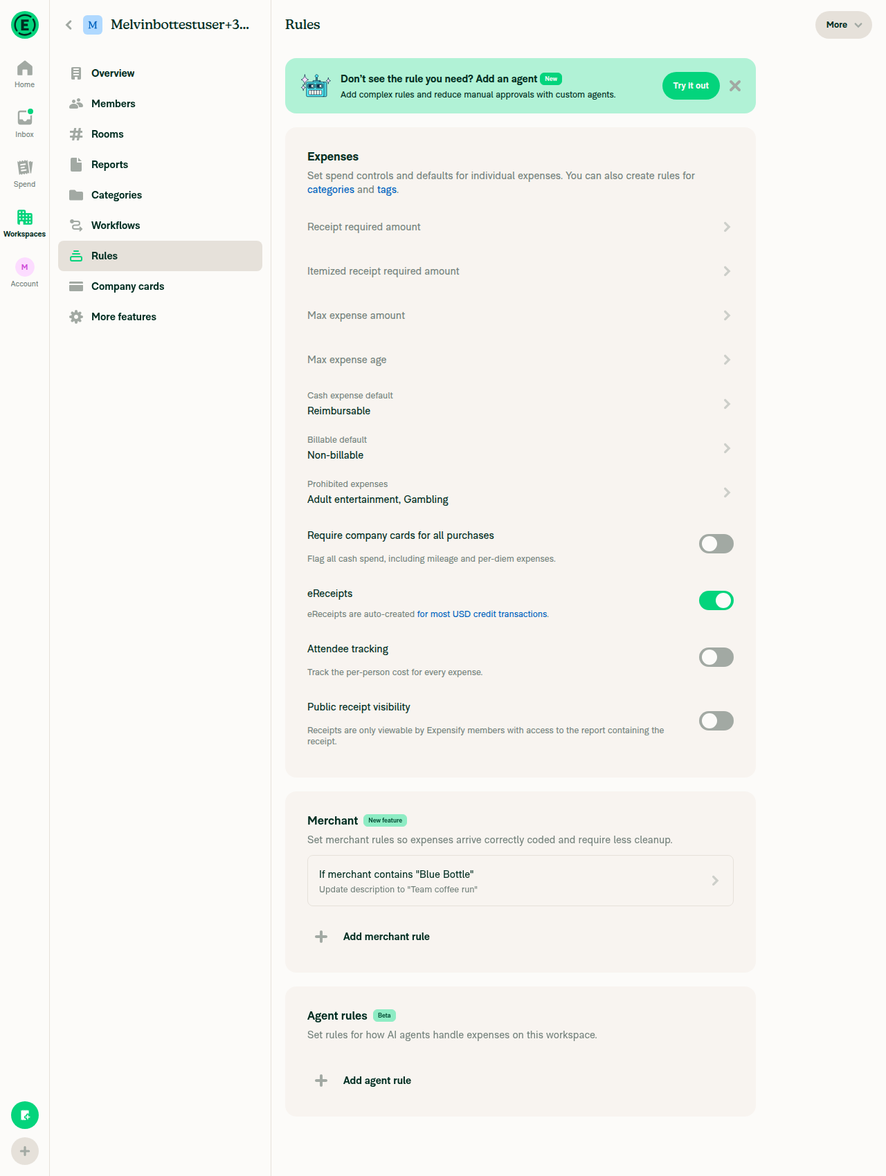 Workspace Rules page Merchant section with a created rule row inside its card