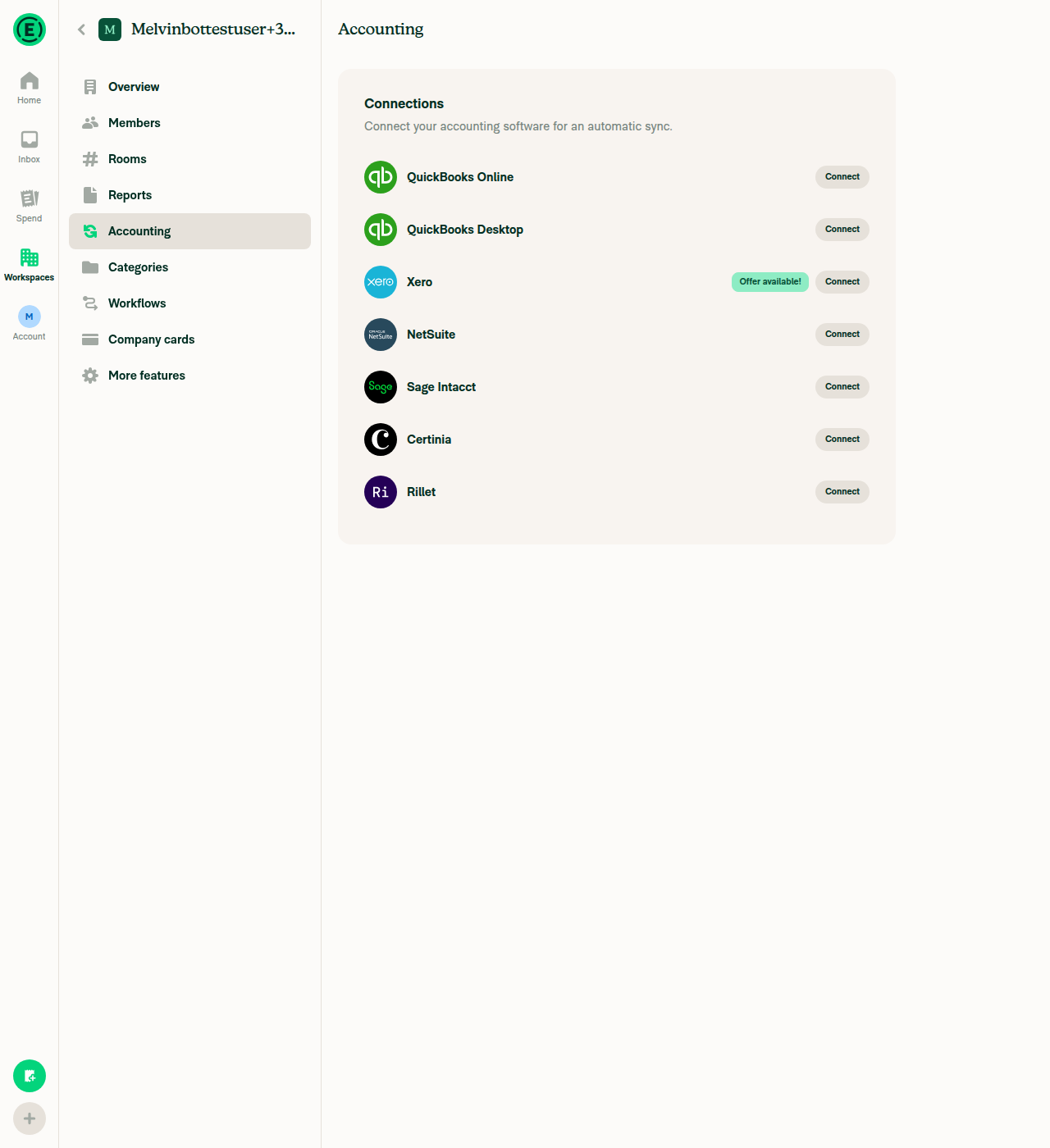 Accounting connections list showing Rillet with Connect button
