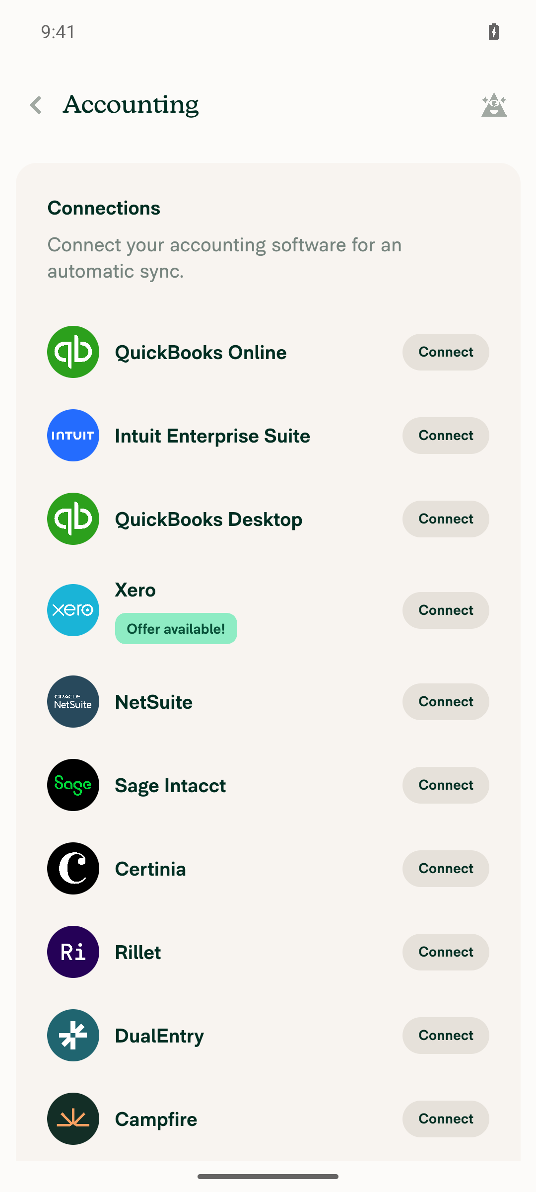 Workspace Accounting page rendered with connection options