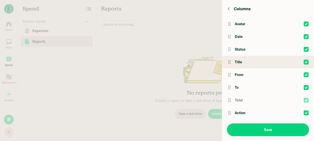 Column picker for Expense reports offering both new columns