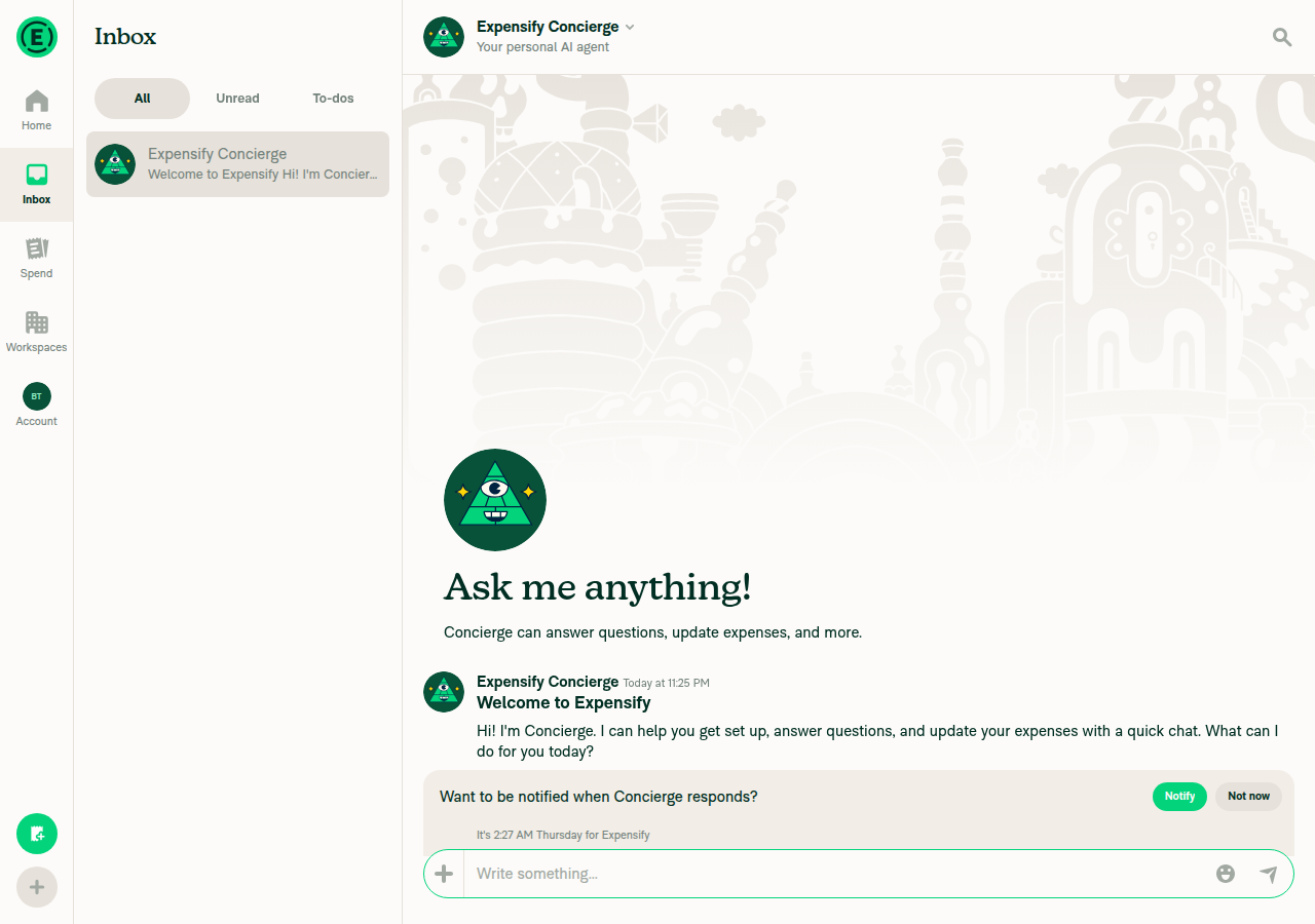 Concierge chat open showing welcome message