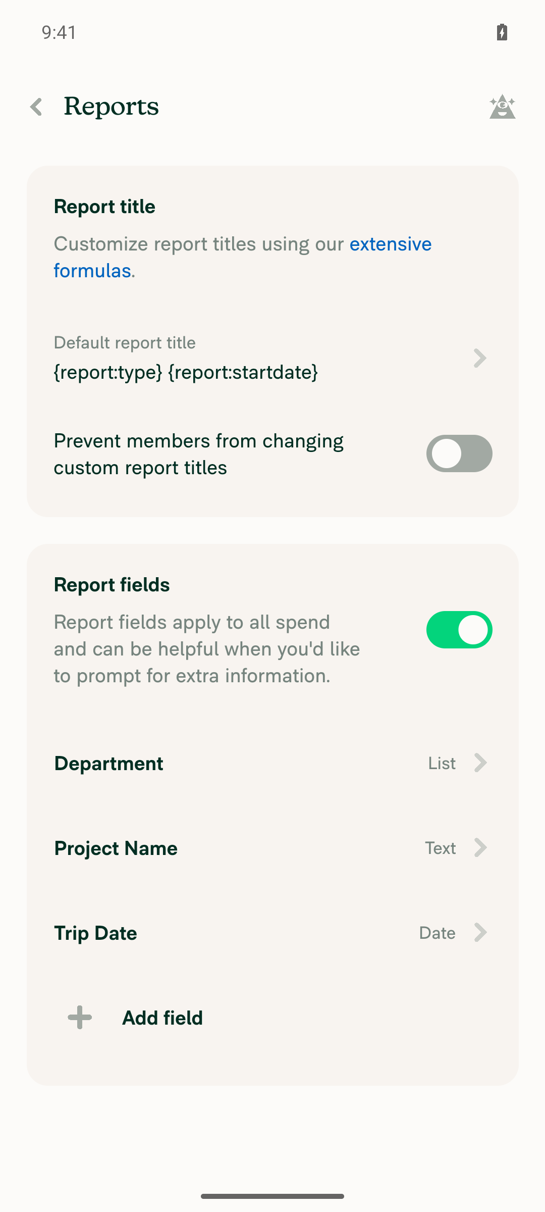 Workspace report fields configured: Project Name (text), Trip Date (date), Department (list)