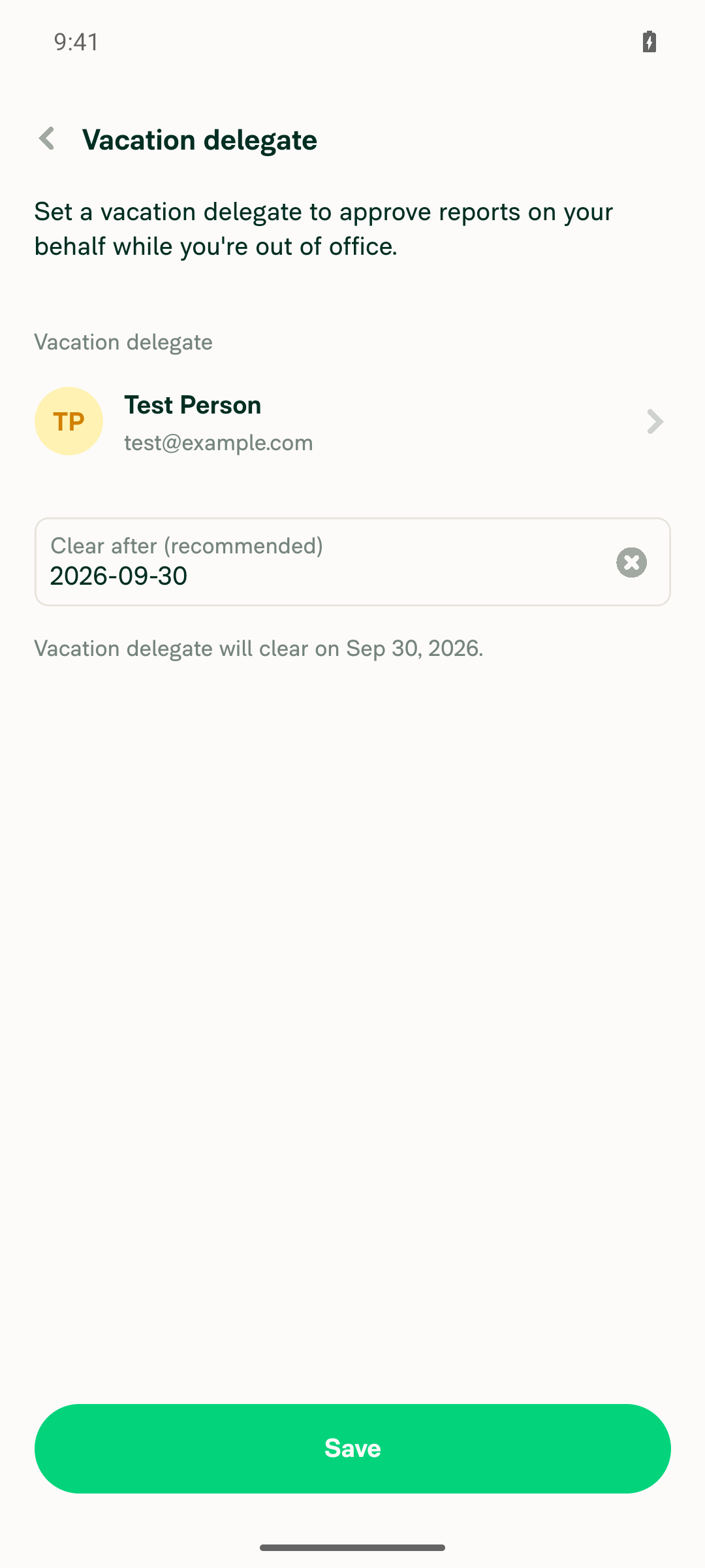 New-delegate form with Test Person picked, no Remove button