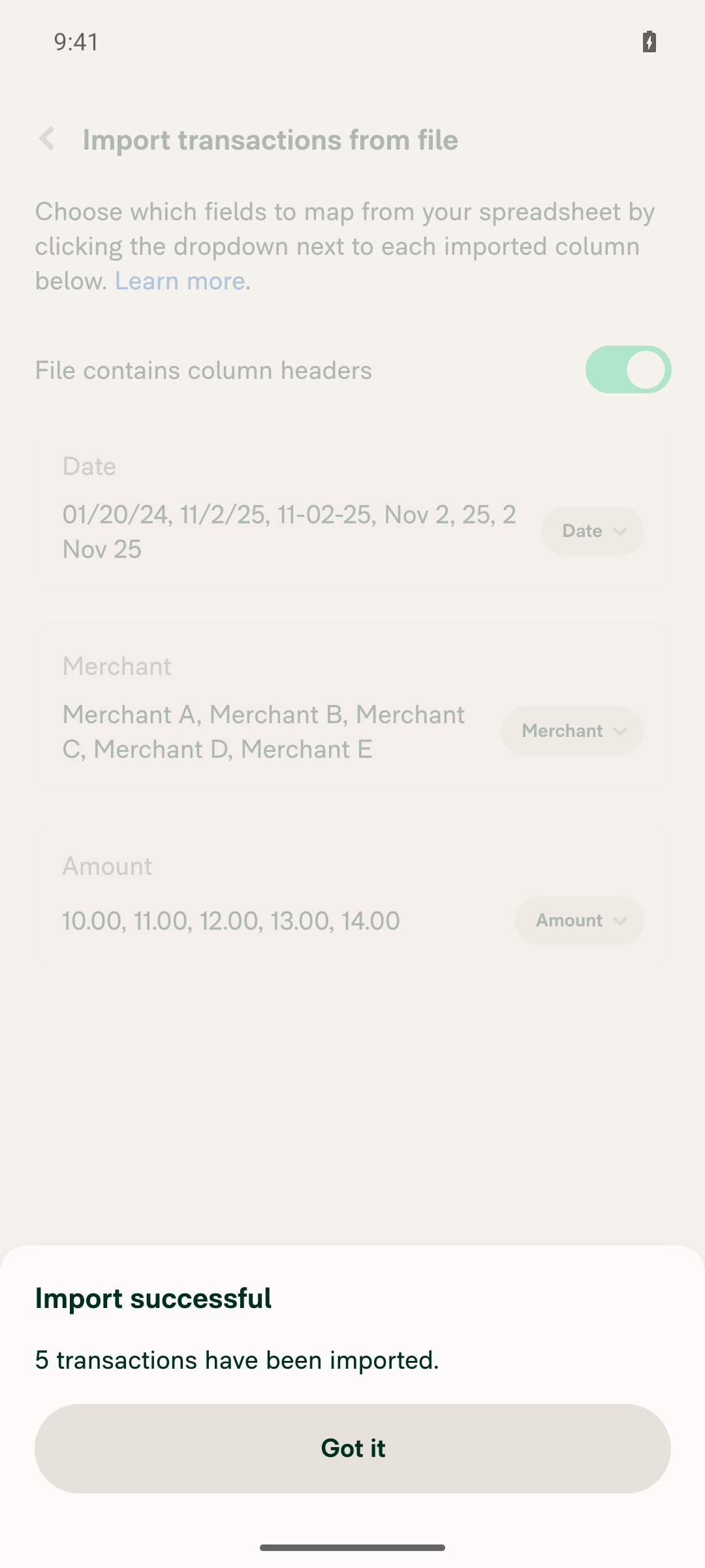 Import successful dialog, 5 transactions imported