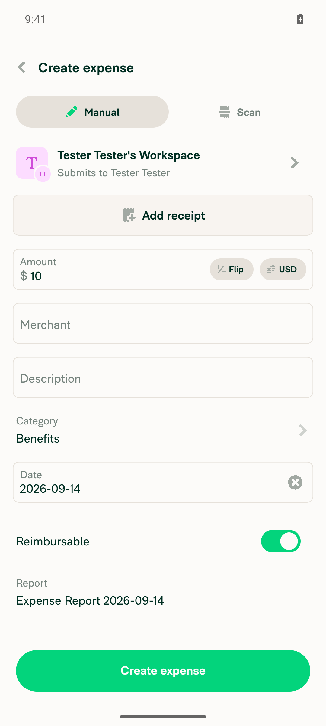Inline confirmation screen with Benefits category showing no hint
