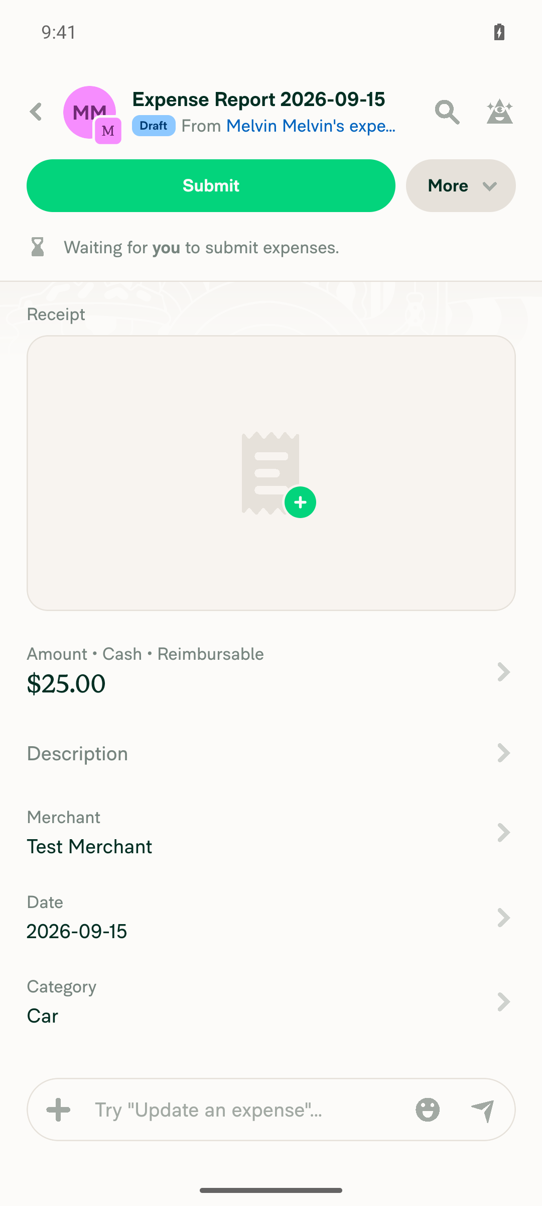 Report header Submit button enabled with 'Waiting for you to submit expenses' message