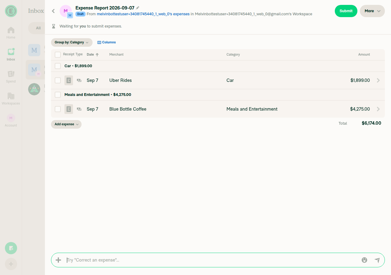 Wide expense report view with category group header rows and Total footer