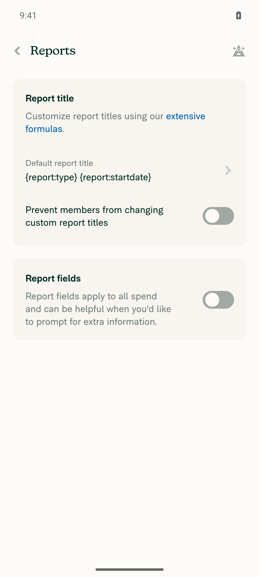Workspace Reports Section cards with rounded corners
