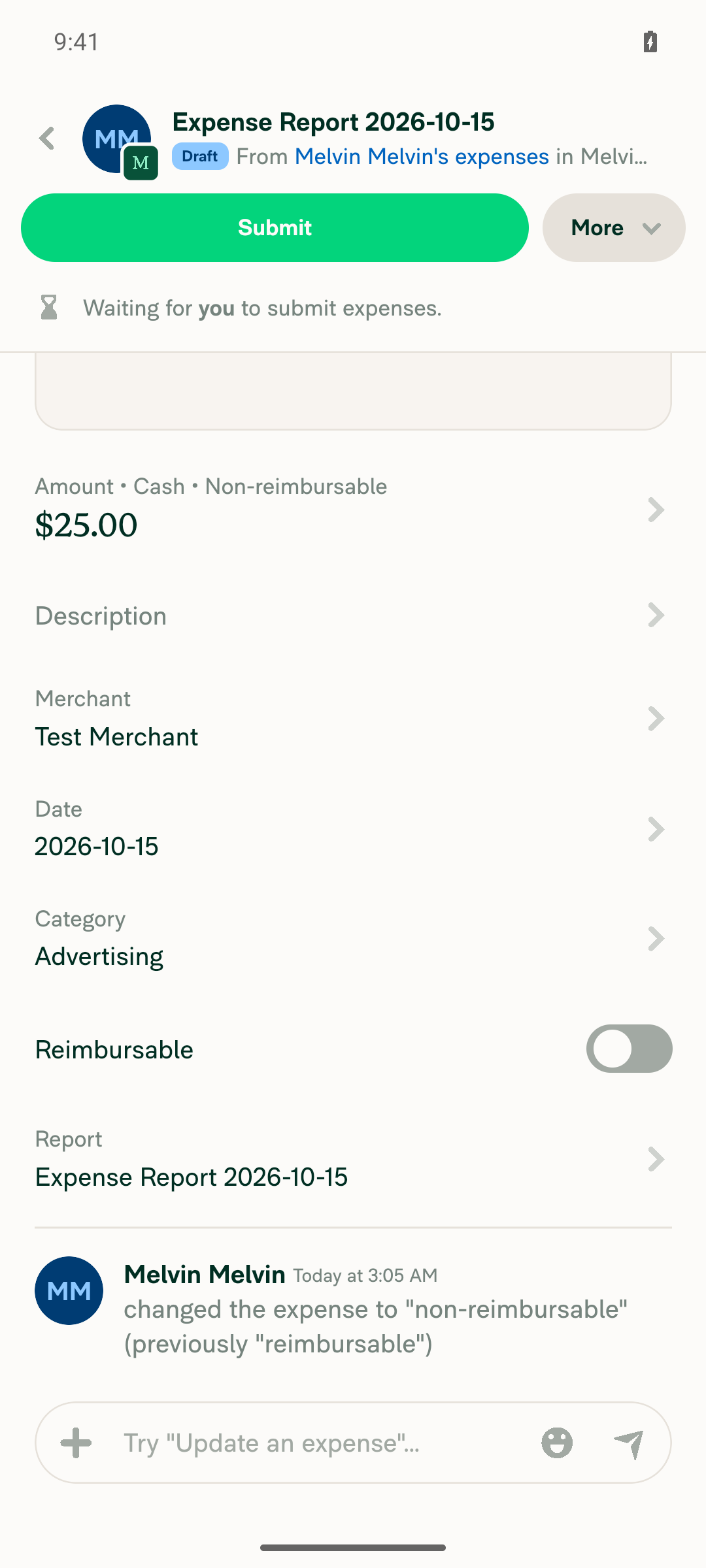 Toggle flipped to Non-reimbursable