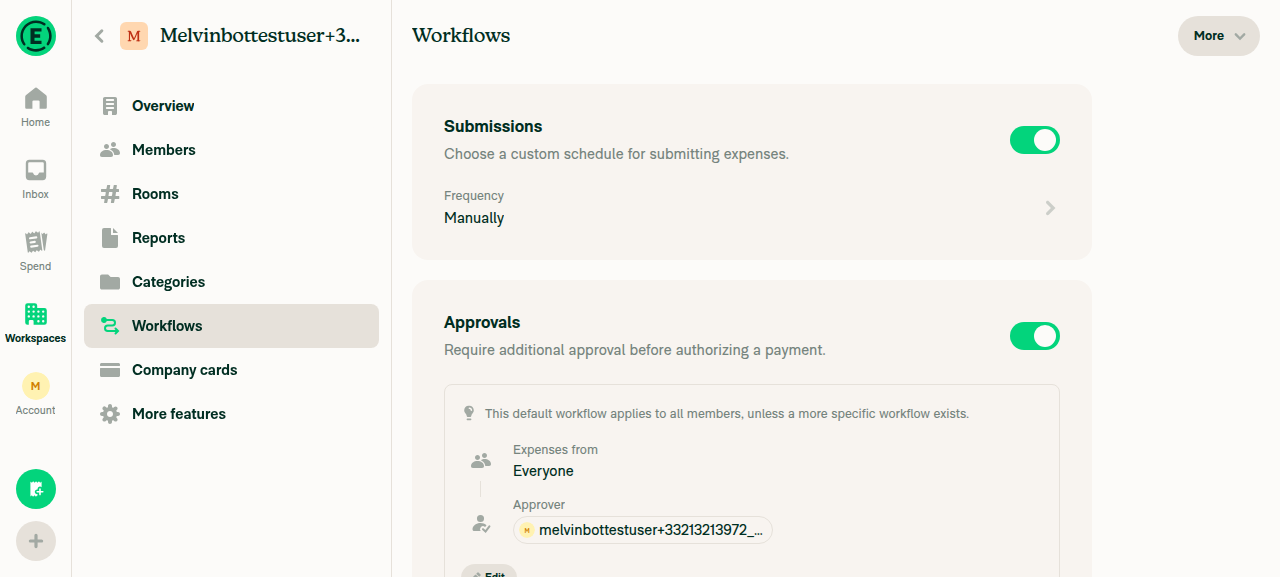 Workflows page showing the Approvals toggle titled Approvals with subtitle Require additional approval before authorizing a payment.