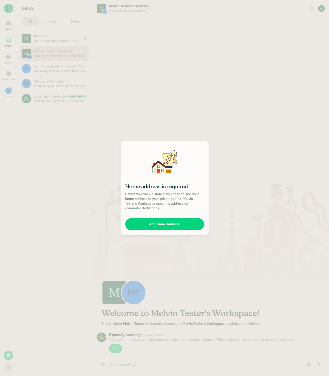 Home address is required modal shown when starting a distance expense in the workspace expense chat