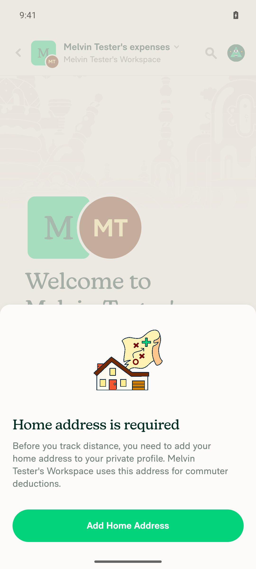 Home address is required modal over the workspace expense chat