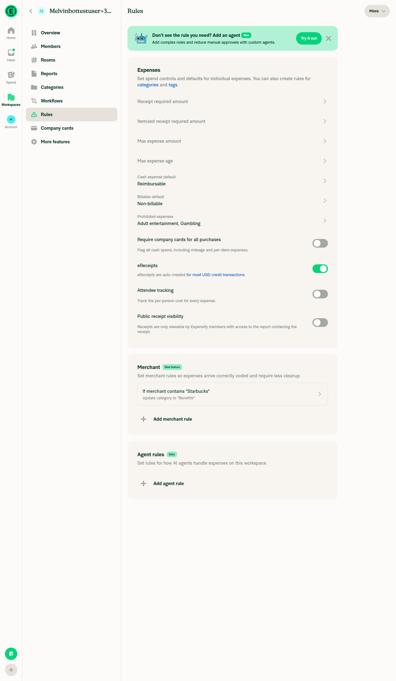 Workspace Rules page with the Merchant section and one rule