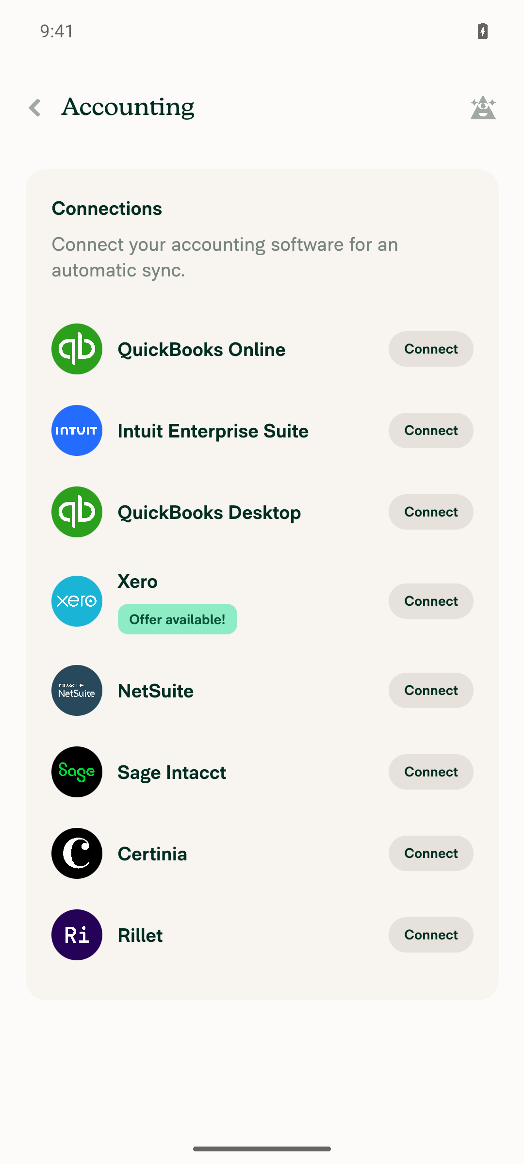 Workspace Accounting page listing NetSuite as available but not connected