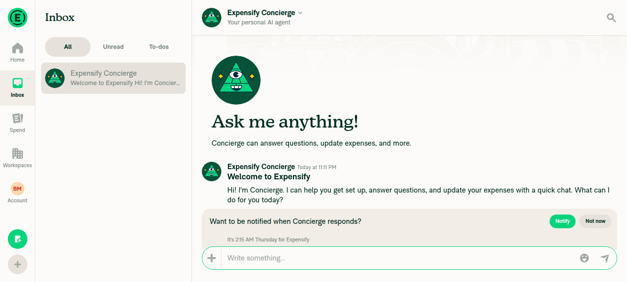 Inbox view with Concierge chat open, showing header 'Expensify Concierge' with subtitle 'Your personal AI agent'