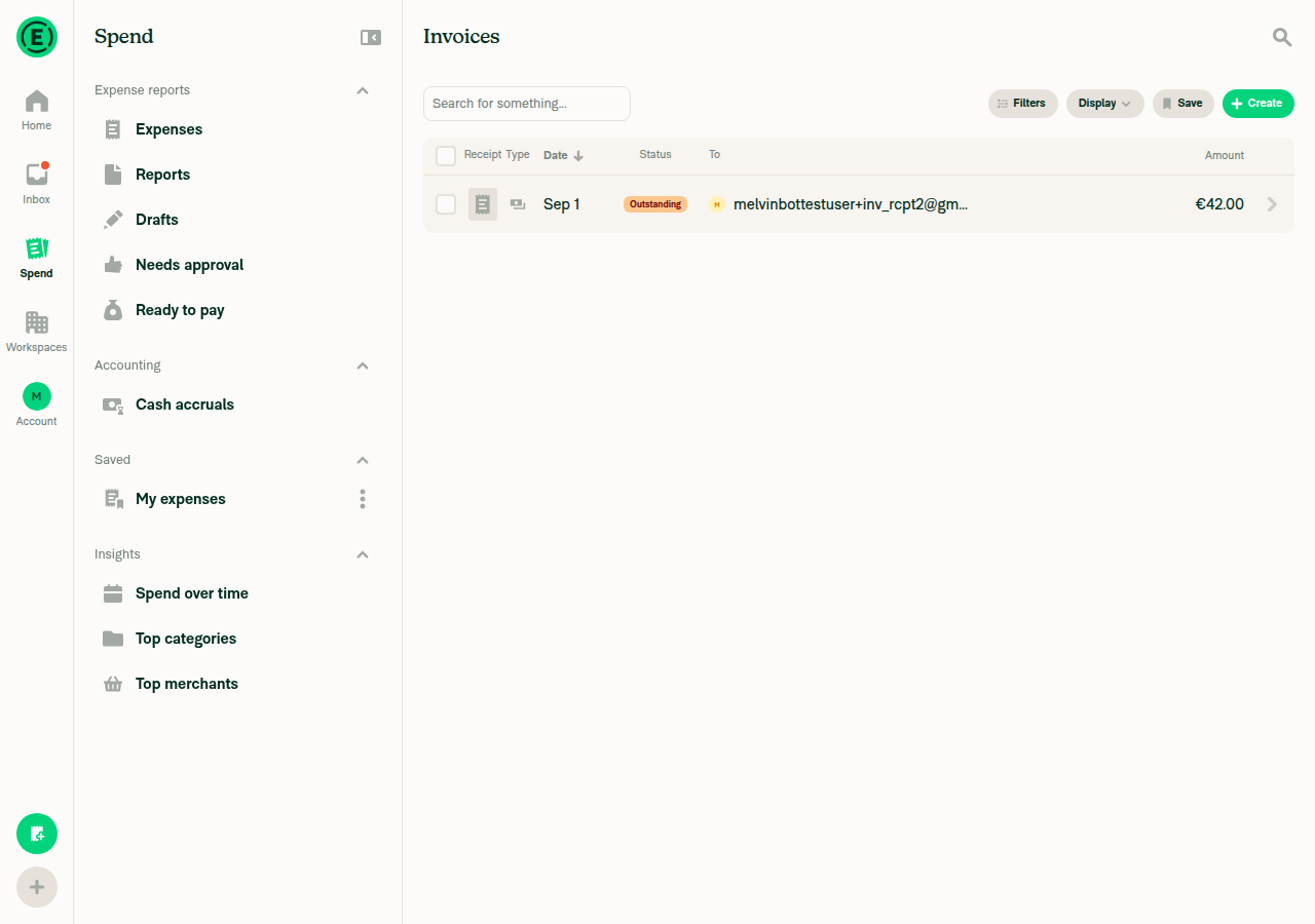 Workspace Invoices search showing the sent EUR 42.00 outstanding invoice
