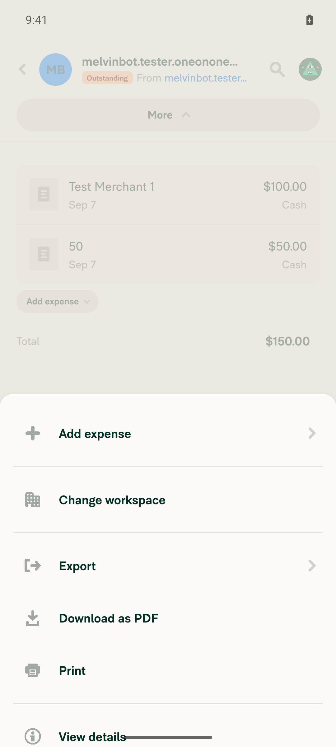 More menu showing the Change workspace option