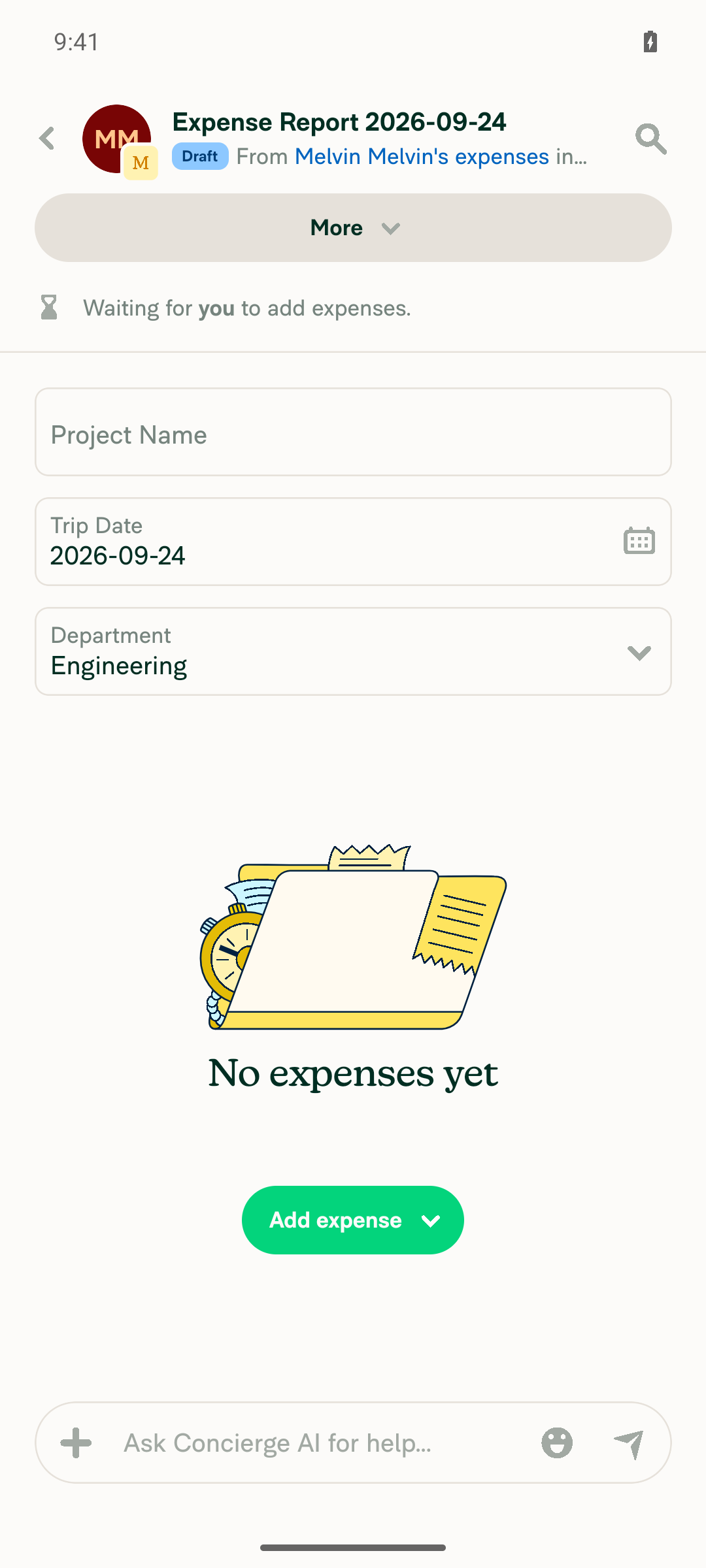 Expense report showing report fields as inline inputs, one per row on the phone layout