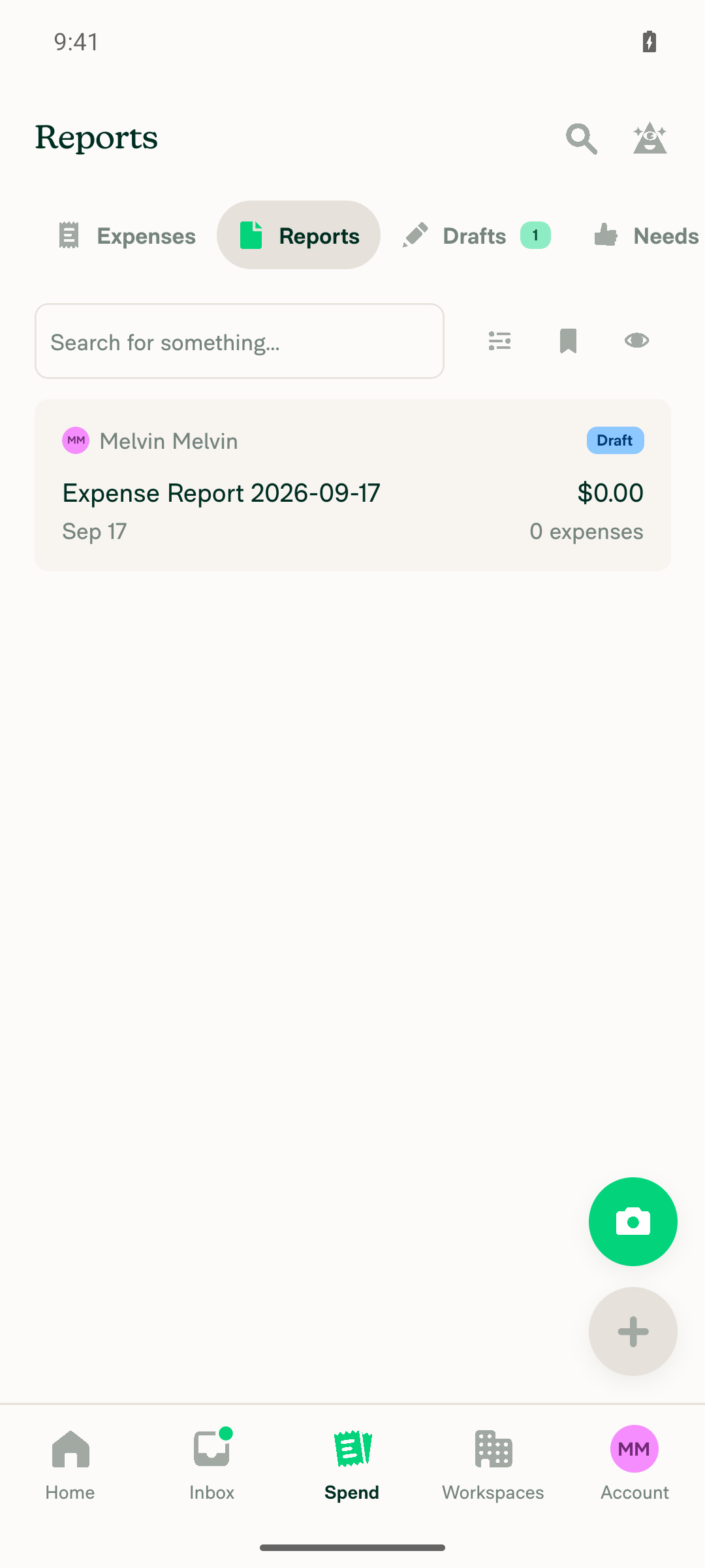 Reports tab showing the created draft report in the list, no paywall