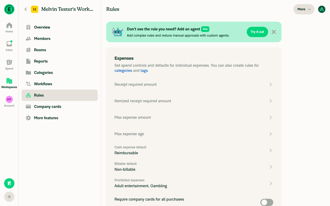Workspace Rules settings page