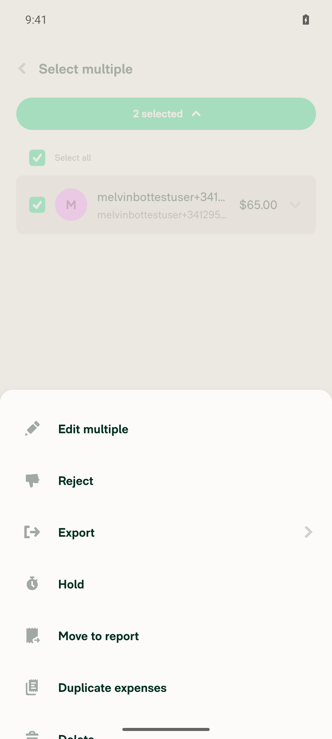 Actions dropdown with Export option