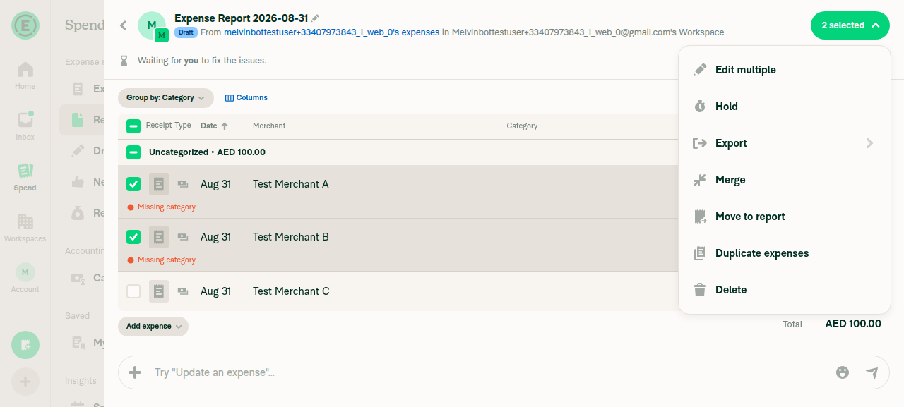 Selection toolbar with 2 expenses selected on an open report — Move to report and Edit multiple offered