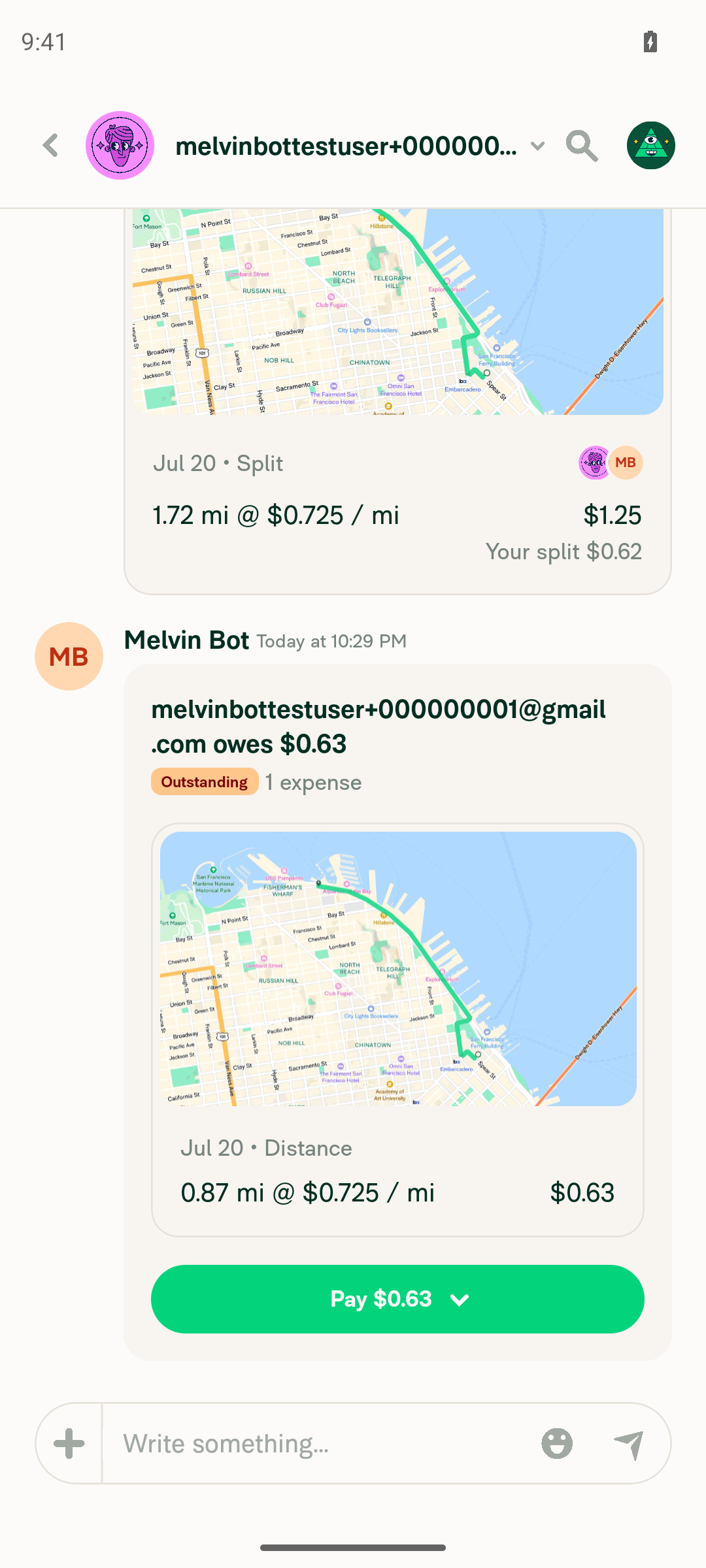 DM chat showing split distance expense: 1.72 mi @ $0.725/mi = $1.25, Your split $0.62, and the other user owes $0.63 Outstanding