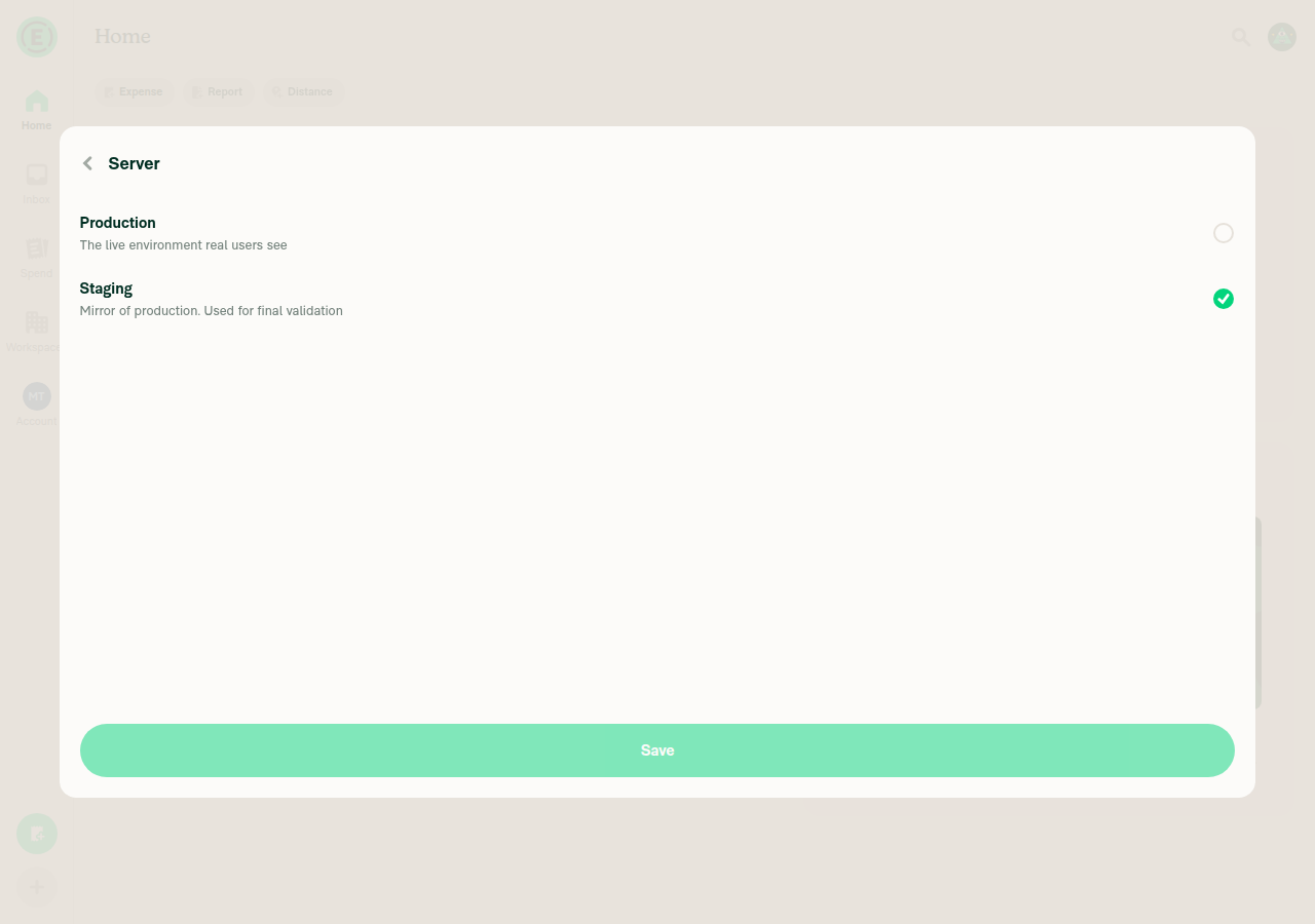 Server selector rendered inside the test tools modal