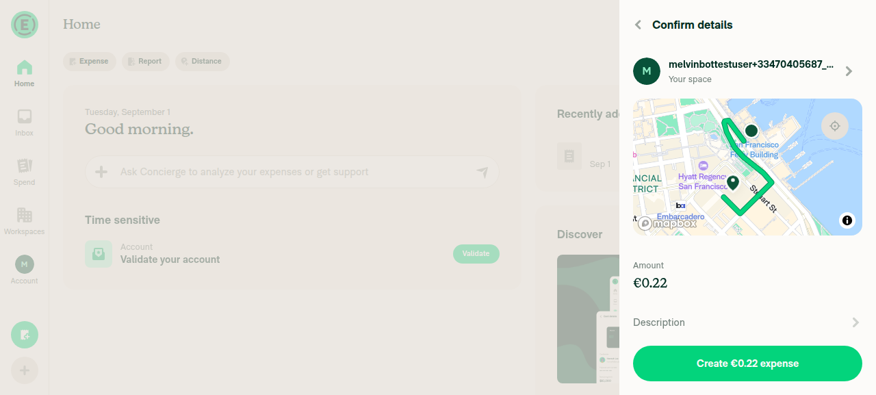 Distance expense confirmation with map route, Distance and Rate fields