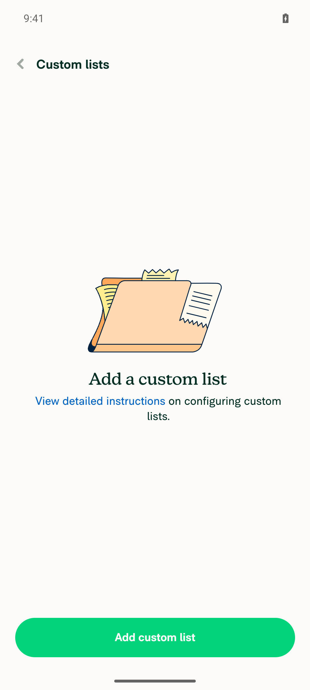Custom lists page with the Add custom list button docked at the bottom