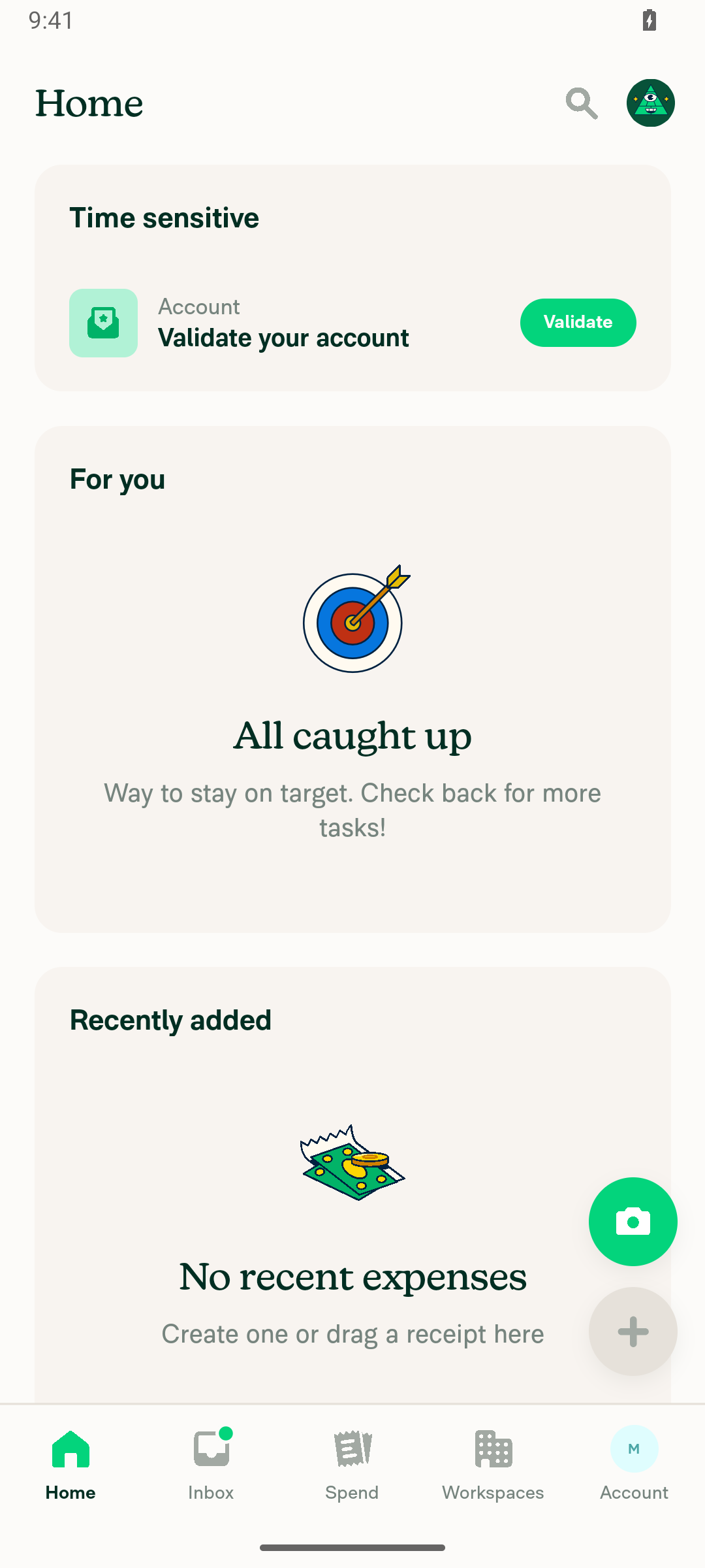 Home screen (LHN) with green Scan receipt FAB and + Open actions menu FAB visible