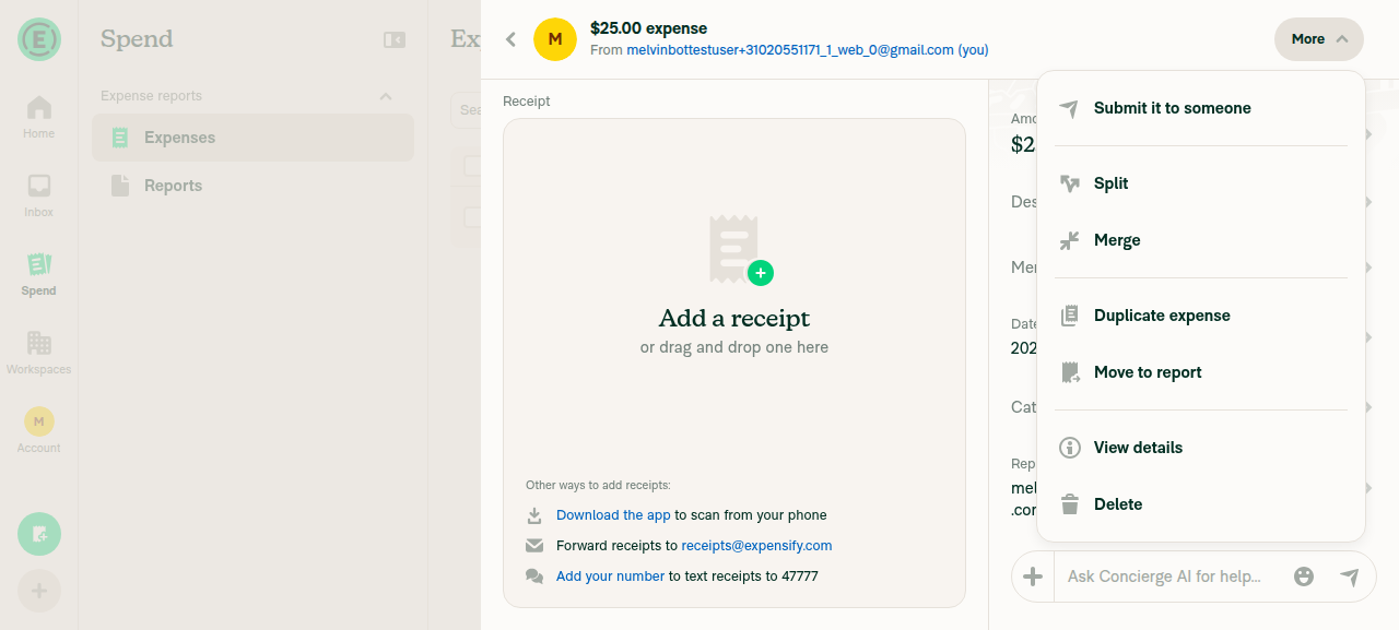 Open More popover on self-tracked expense showing Submit it to someone first with a divider beneath it, followed by Split, Merge, Duplicate expense, Move to report, View details, Delete