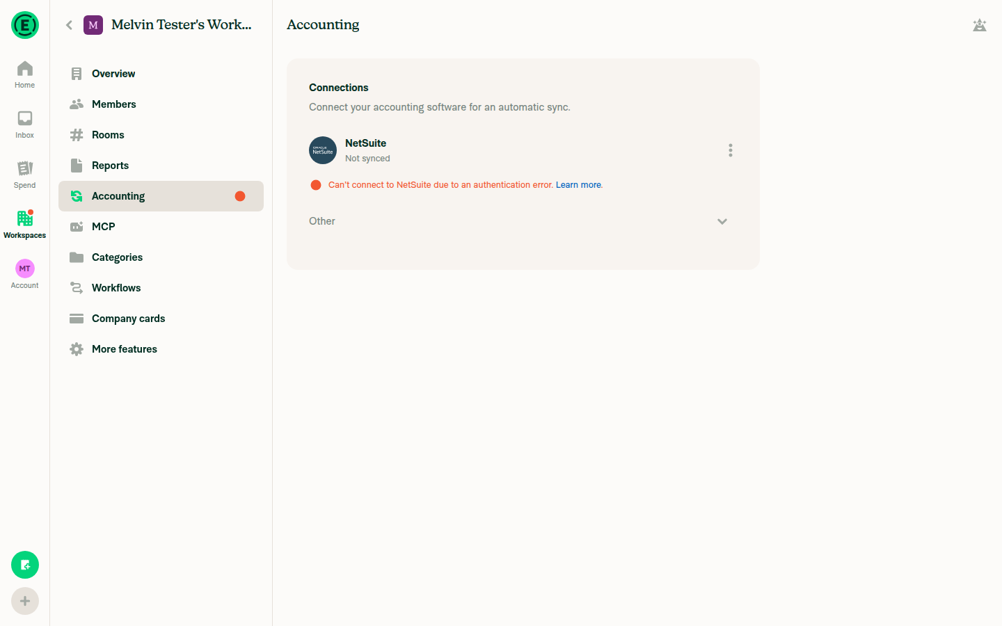 NetSuite connection showing Not synced with an authentication error banner