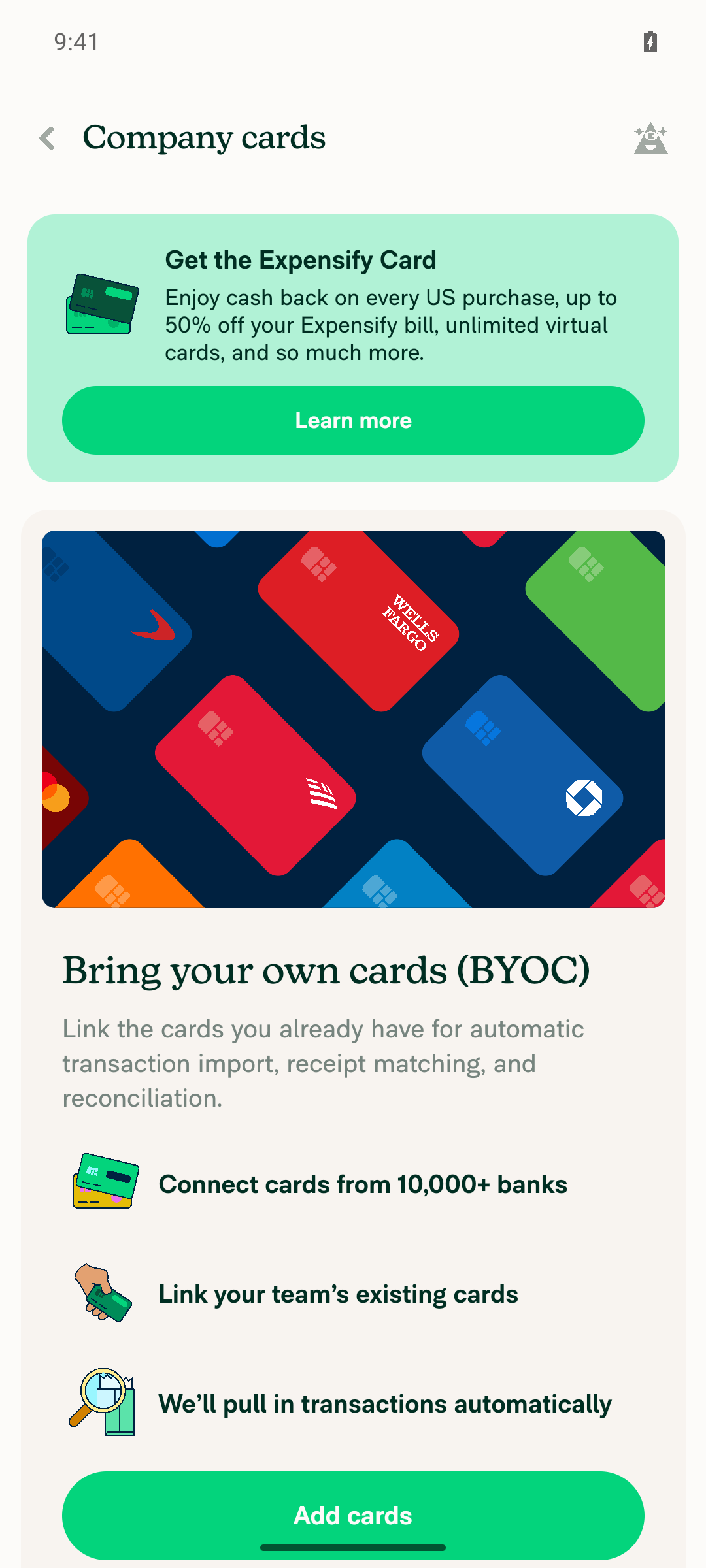 Company Cards page with no connected feeds