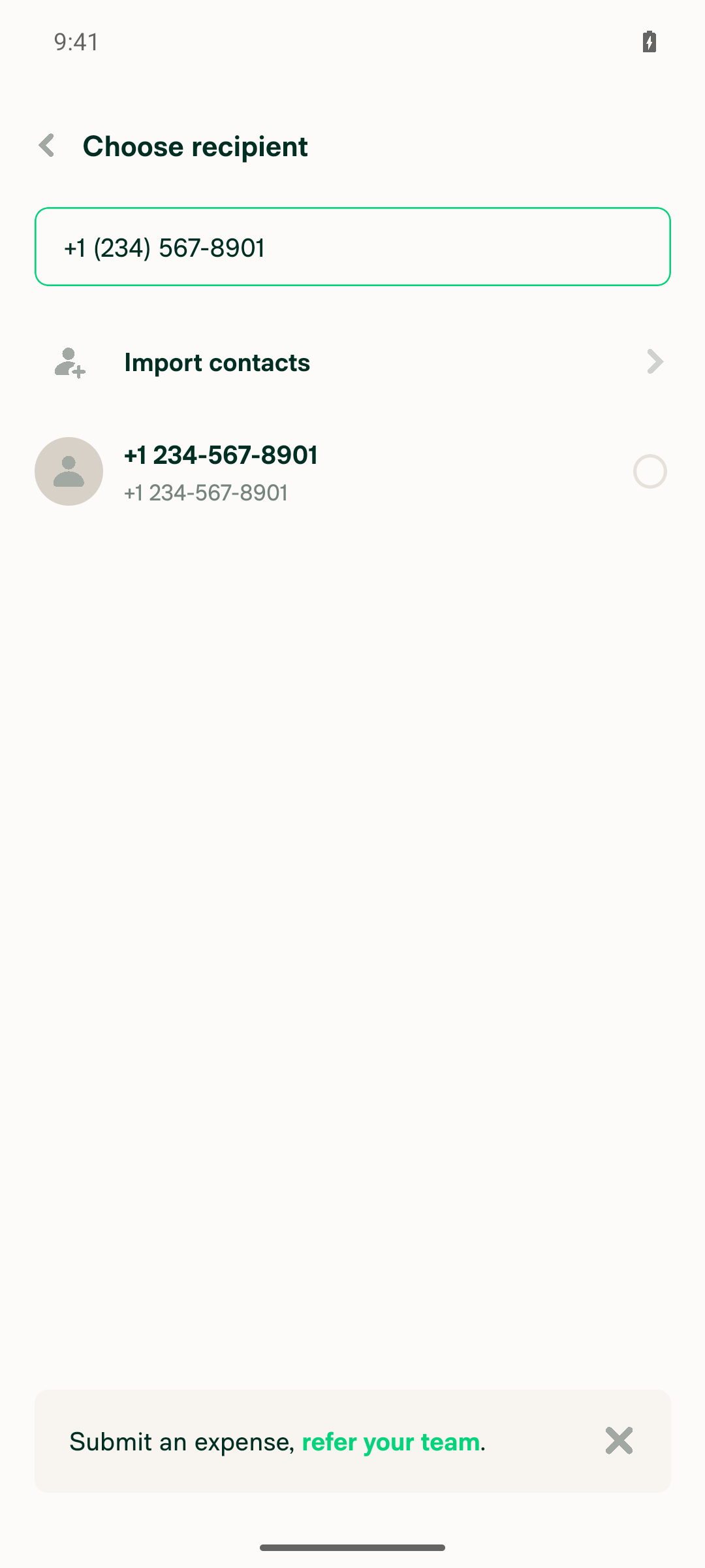 Phone invite row in Submit expense participant picker