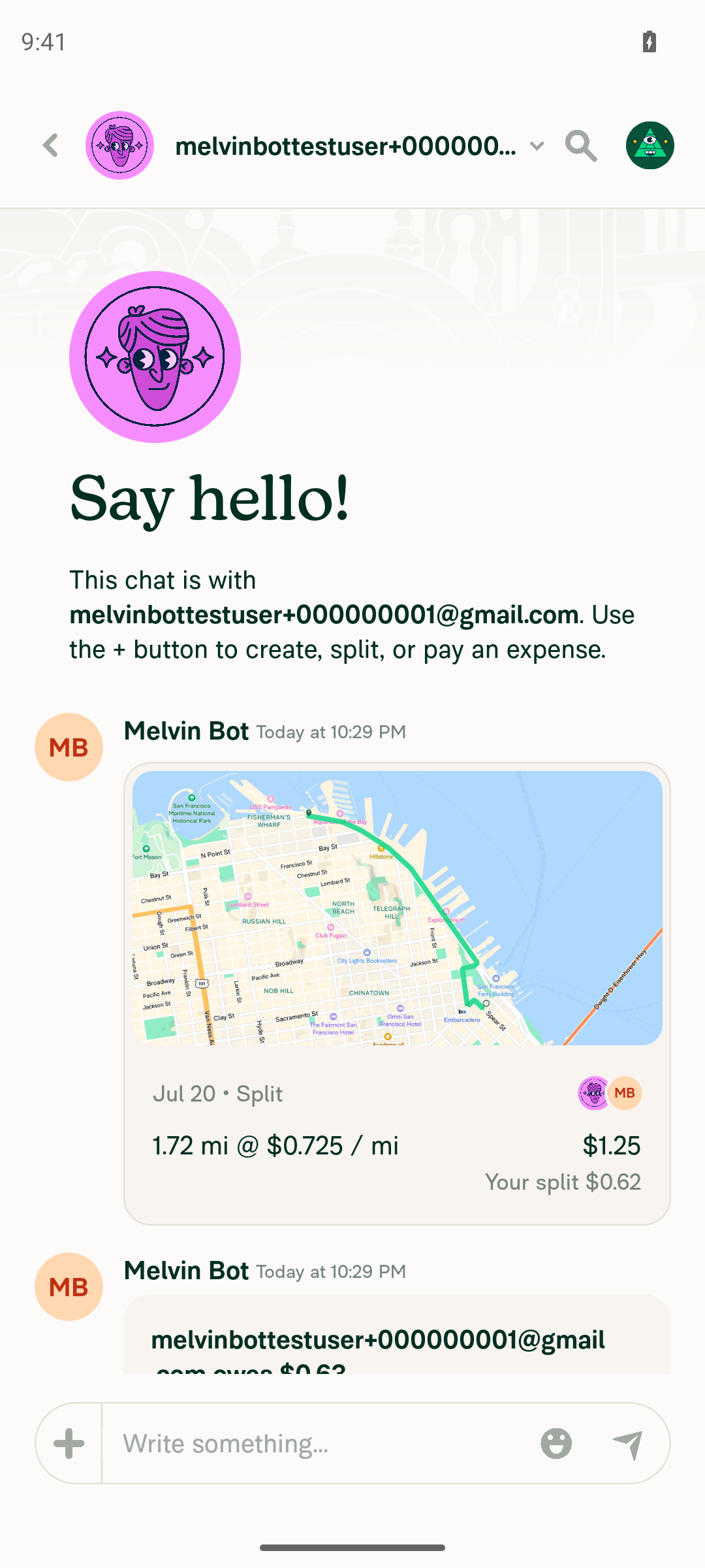 Full DM view showing map card with route and split expense details in the chat