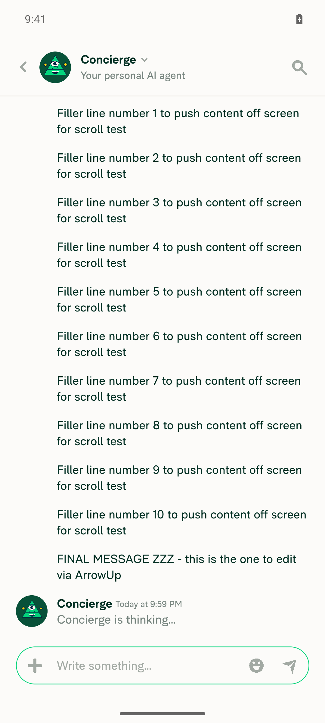 Concierge chat with several self-authored test messages, scrollable