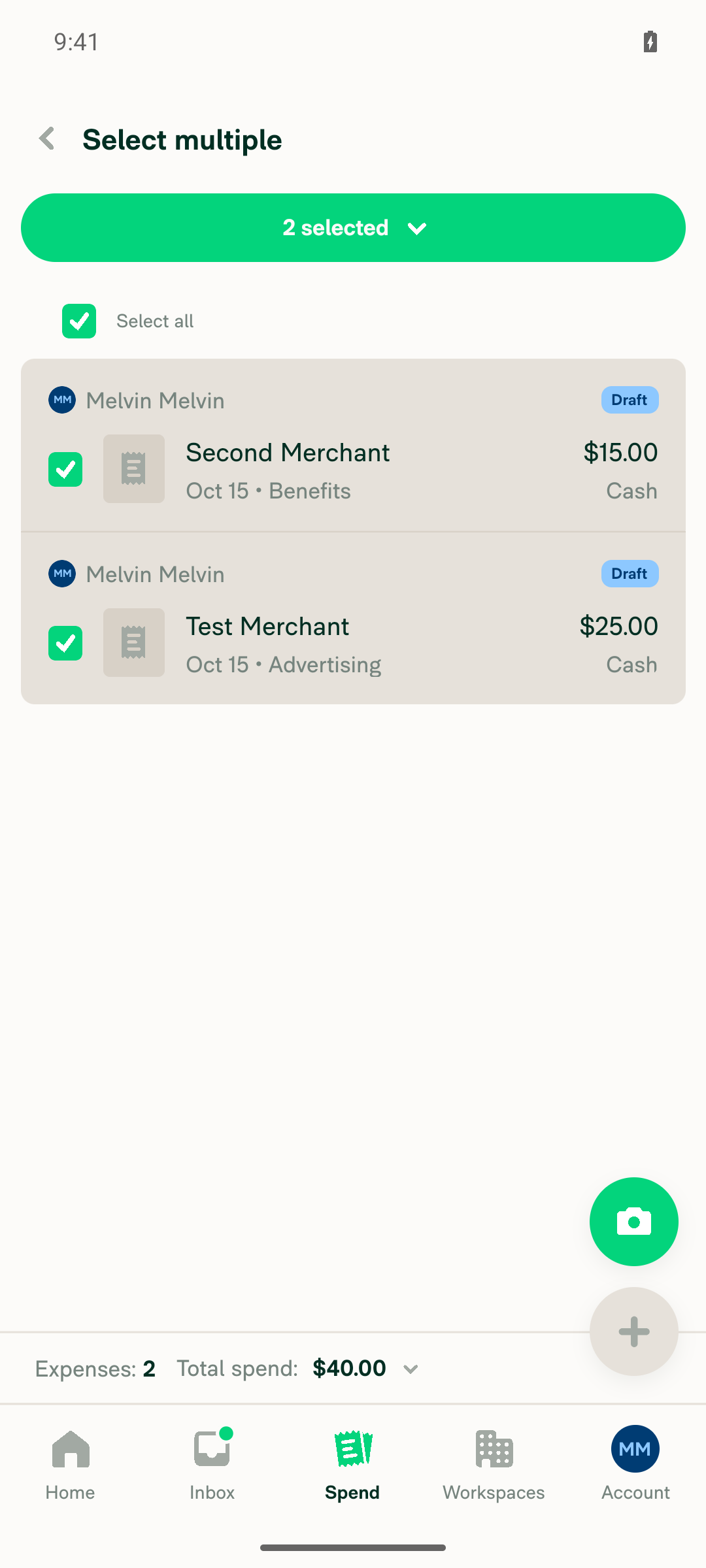 Two cash expenses selected