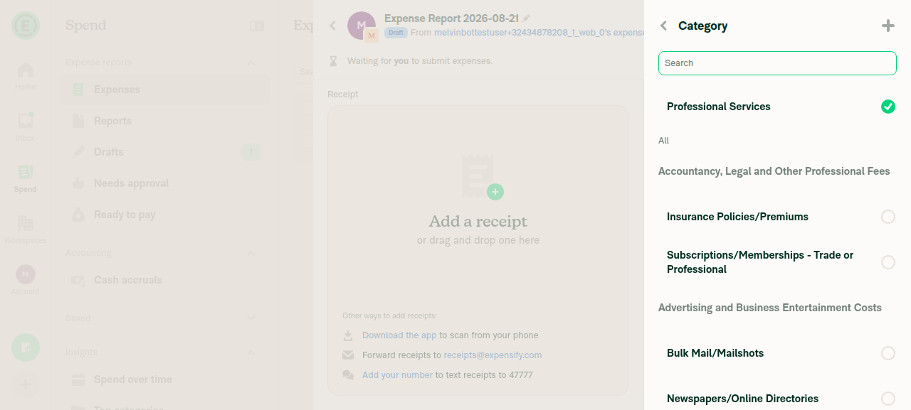 Category picker with Professional Services selected (checked, pinned top) and full list still shown below