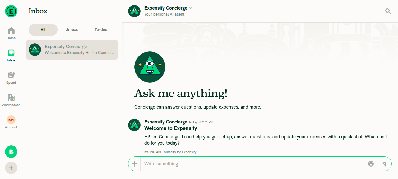 Final screenshot of Concierge chat showing header labeled 'Expensify Concierge'
