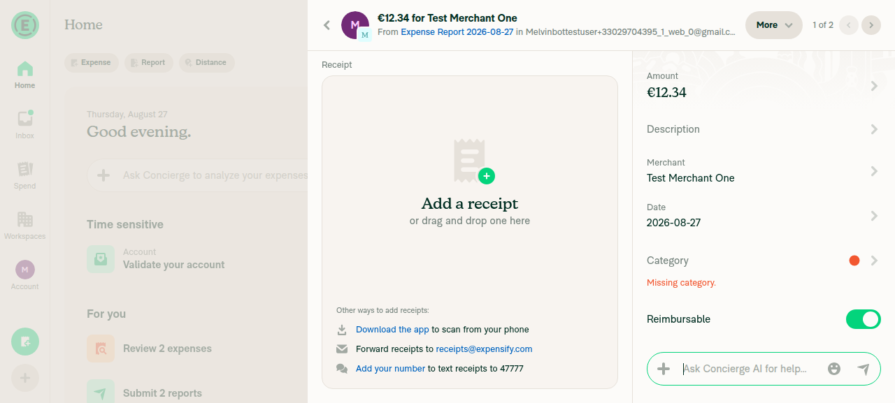 Expense details thread view for expense 1, 1 of 2